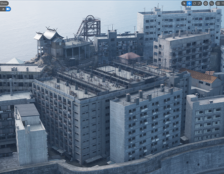 「ドラマ：海に眠るダイヤモンド」軍艦島：Unreal Engine ワイヤーフレーム画像 / 完成画像